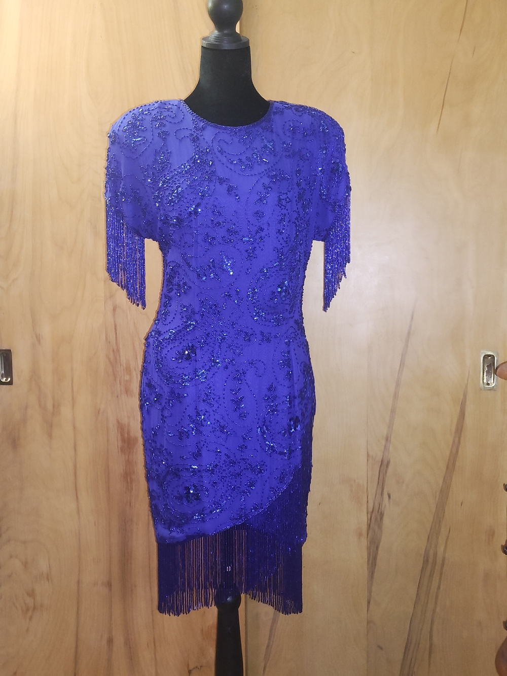 Oleg Cassini Cobalt Beaded Fringe Midi Dress